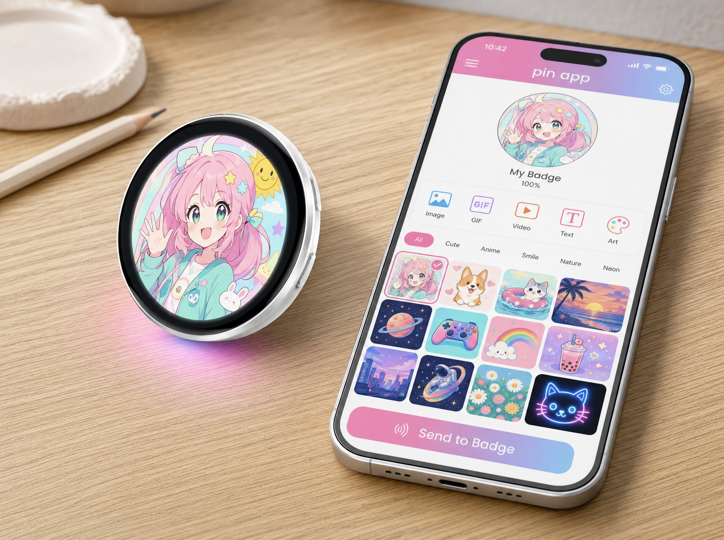 Pixiepin badge beside a phone showing a fictional customization app